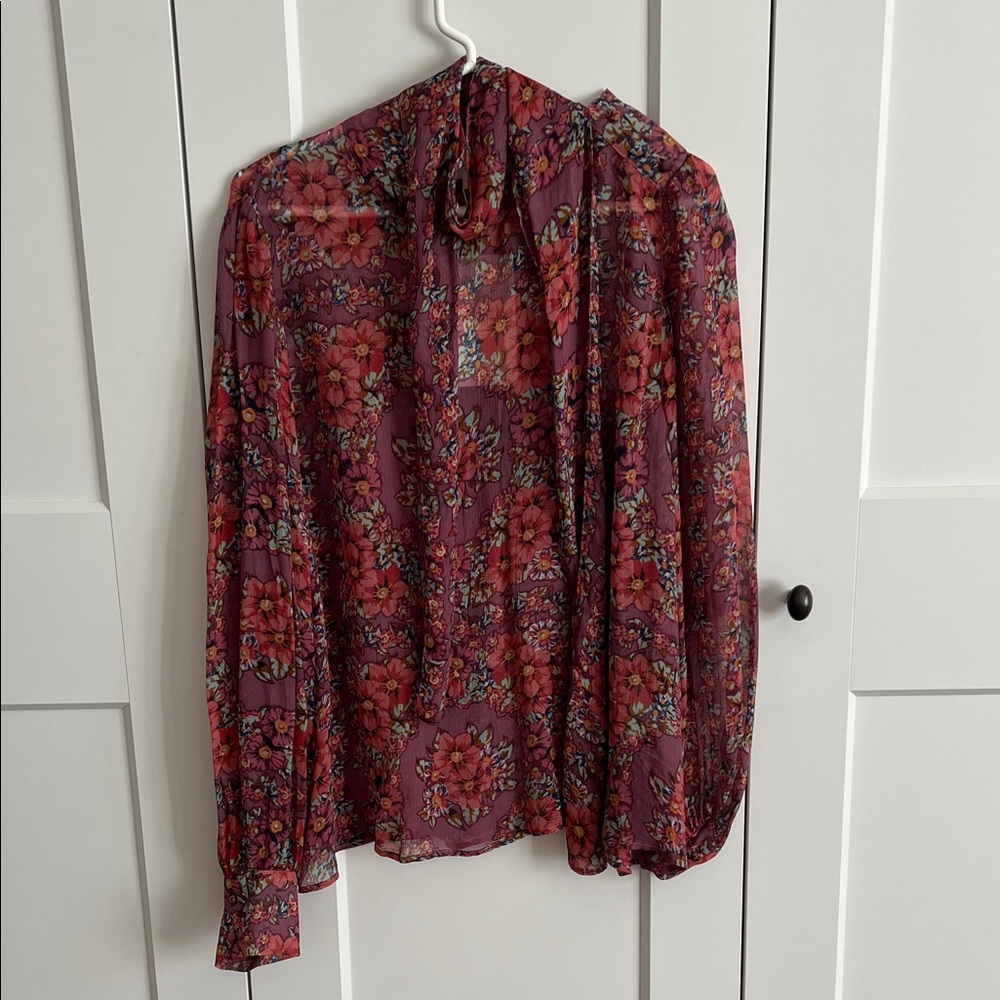 Sezane Tie-Neck Floral Print Blouse